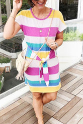 Rainbow Stripe Lace-Up Short Sleeve Dress