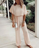Waist Belt Up Short Sleeve Jumpsuit