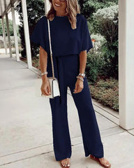 Waist Belt Up Short Sleeve Jumpsuit