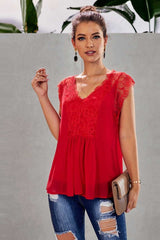 Fashion Lace Stitching V neck Top