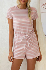 Casual Strip Short Sleeve Drawstring Waist Romper