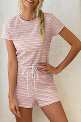 Casual Strip Short Sleeve Drawstring Waist Romper