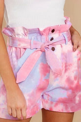 Tie Dye Belted Ruffle Pocket Shorts