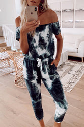 Tie Dye Off The Shoulder Drawstring Jumpsuit