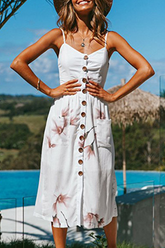 Casual Solid Floral Pocket Buckle Spaghetti Strap A Line Dresses
