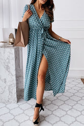 Fashion Sexy Dot Slit V Neck Printed Dresses