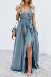 Fashion Solid Bandage Slit V Neck Sleeveless Maxi Dresses(2 Colors)