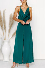 Fashion Sexy Solid Backless V Neck Loose Jumpsuits