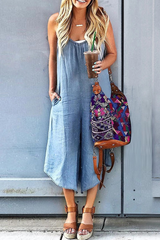 Casual Solid Pocket Capris O Neck Loose Jumpsuits