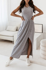 Casual Solid Fold O Neck Irregular Maxi Dresses