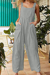 Casual Solid Pocket Buttons Square Collar Straight Jumpsuits(3 colors)