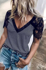 Casual Striped Lace Split Joint V Neck T-Shirts