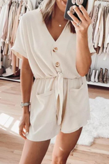Casual Solid Pocket Buttons V Neck Loose Jumpsuits