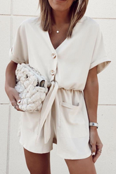 Casual Solid Pocket Buttons V Neck Loose Jumpsuits