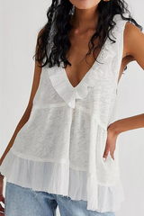 Casual Solid Split Joint Flounce V Neck Tops