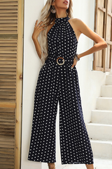 Fashion Elegant Polka Dot Split Joint With Belt Halter Straight Jumpsuits
