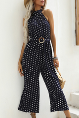 Fashion Elegant Polka Dot Split Joint With Belt Halter Straight Jumpsuits