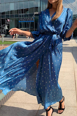 Fashion Elegant Polka Dot Split Joint With Belt V Neck Dresses