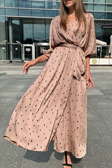 Fashion Elegant Polka Dot Split Joint With Belt V Neck Dresses