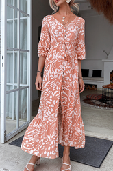 Fashion Elegant Print Frenulum Buckle Slit V Neck Dresses