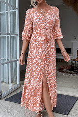 Fashion Elegant Print Frenulum Buckle Slit V Neck Dresses