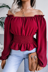 Fashion Elegant Solid Split Joint Flounce Off the Shoulder Tops