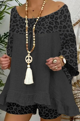 Casual Street Leopard Flounce O Neck Two Pieces(9 Colors)