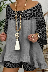 Casual Street Leopard Flounce O Neck Two Pieces(9 Colors)