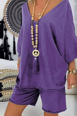 Casual Solid Split Joint POLO collar Short Sleeve Two Pieces(4 colors)