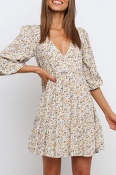 Fashion Elegant Floral Split Joint V Neck Pleated Dresses