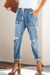 Casual Solid Ripped Capris Straight Solid Color Bottoms(3 Colors)