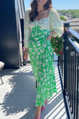 Vintage Elegant Floral Split Joint Contrast V Neck Dresses