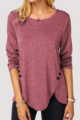 Casual Solid Split Joint Buckle O Neck Tops(11 Colors)