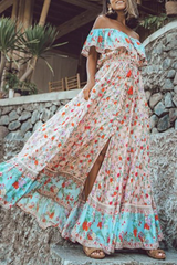Casual Sweet Floral Flounce Off the Shoulder Dresses