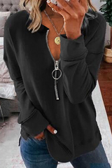 Casual Solid Split Joint Zipper Collar Tops(3 Colors)