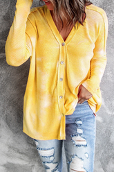 Casual Tie Dye Split Joint Buckle V Neck Tops