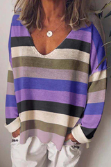 Casual Striped Split Joint V Neck Tops