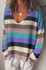 Casual Striped Split Joint V Neck Tops