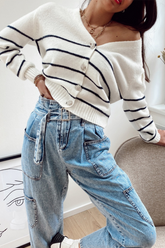 Casual Striped Buckle Contrast V Neck Tops