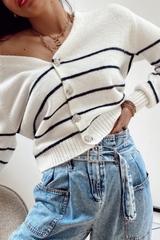 Casual Striped Buckle Contrast V Neck Tops