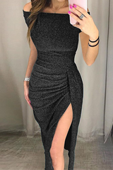 Fashion Elegant Solid Slit Sequined Off the Shoulder Wrapped Dresses(3 Colors)
