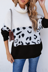 Casual Leopard Split Joint Contrast Turtleneck Tops