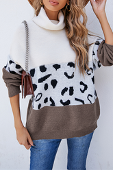 Casual Leopard Split Joint Contrast Turtleneck Tops
