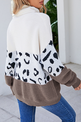 Casual Leopard Split Joint Contrast Turtleneck Tops