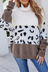 Casual Leopard Split Joint Contrast Turtleneck Tops