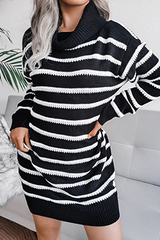 Casual Striped Split Joint Contrast Turtleneck Dresses (Without Belt)