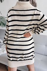 Casual Striped Split Joint Contrast Turtleneck Dresses (Without Belt)