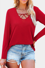 Casual Solid Hollowed Out Split Joint V Neck Tops