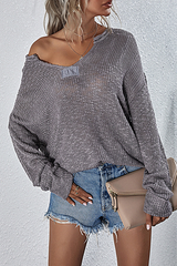Casual Solid Split Joint Slit V Neck Tops Sweater(4 Colors)