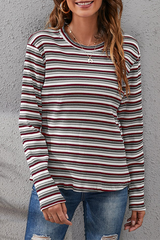 Casual Striped Split Joint Basic O Neck Tops